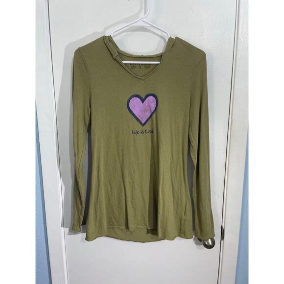 Life is Good Hoodie Small Green Heart Life Is Good Hiking Outdoors Summer - Picture 1 of 5